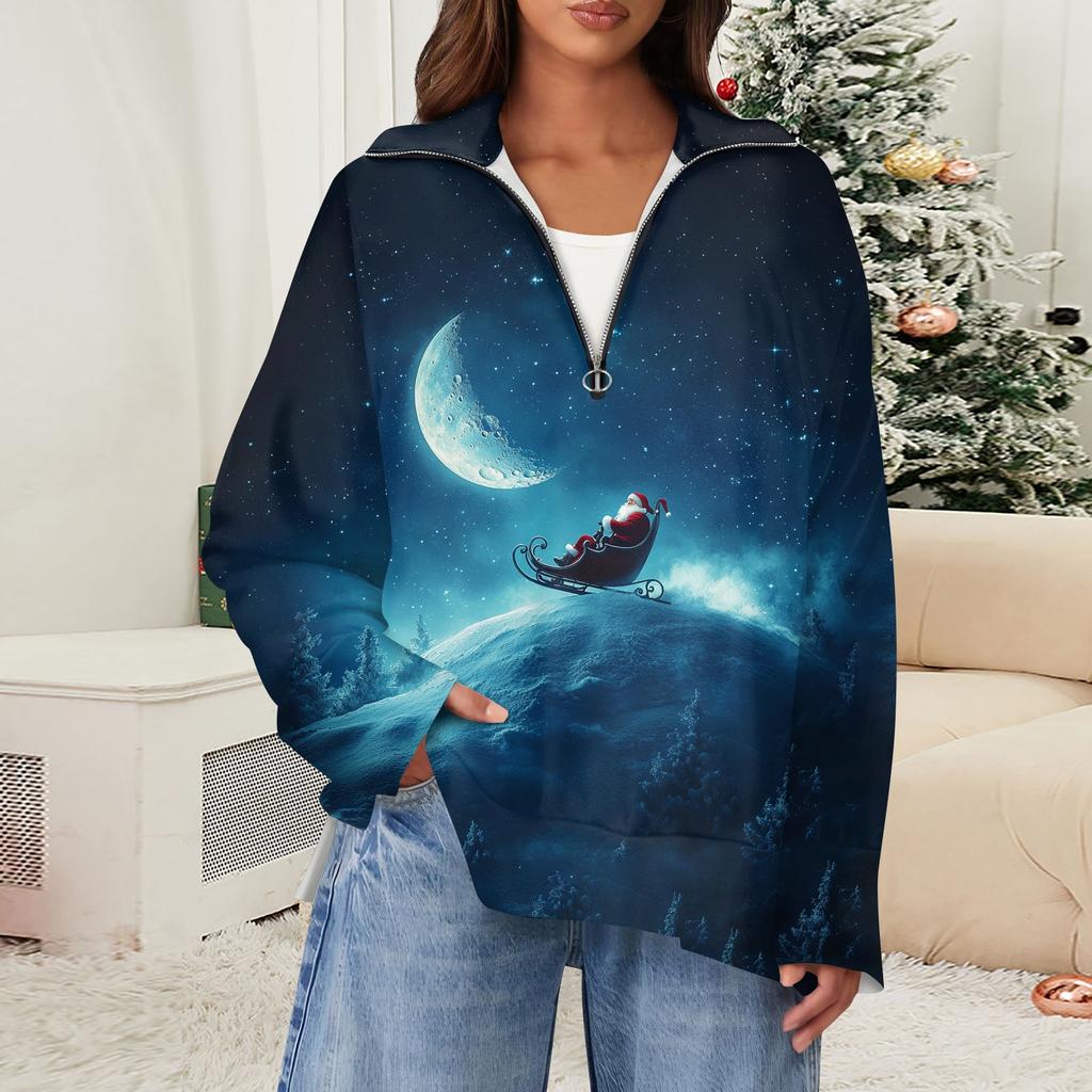 Женский повседневный свитер с полумолнией и лацканами со снежинками и разрезом сверху по бокам, модная одежда