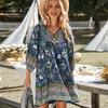 Летнее женское платье в богемном стиле с цветочным принтом и V-образным вырезом на шнуровке с длинными рукавами в стиле пэчворк плиссированное свободное пляжное мини-платье для отдыха