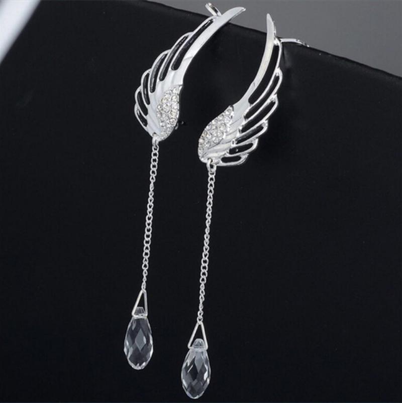 Cute Angel Wings Link Crystal Long Fringe Ear Clips Ms. Earrings Wedding Party Exquisite Jewelry