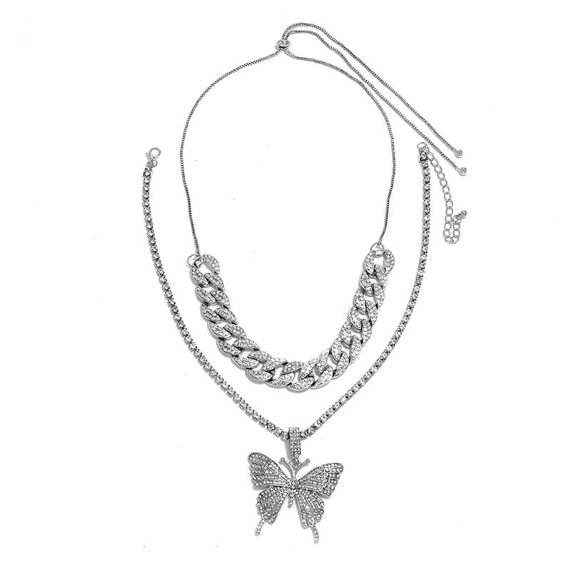 RUI RUI YU Women's Necklace Hip Hop Style Diamond-mounted Double-deck Chain Butterfly-shape Necklace
