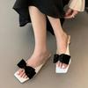 French Silver Bow Square Head Small Heel Cool Slippers Women's Outer Wear 2025 Summer New Middle Heel One-word Slippers