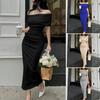 Women Party Maxi Dress Off Shoulder Pleated Backless Bandeau Solid Color Dress-up Bodycon Sheath Tight Waist Evening Dress Women Clothes