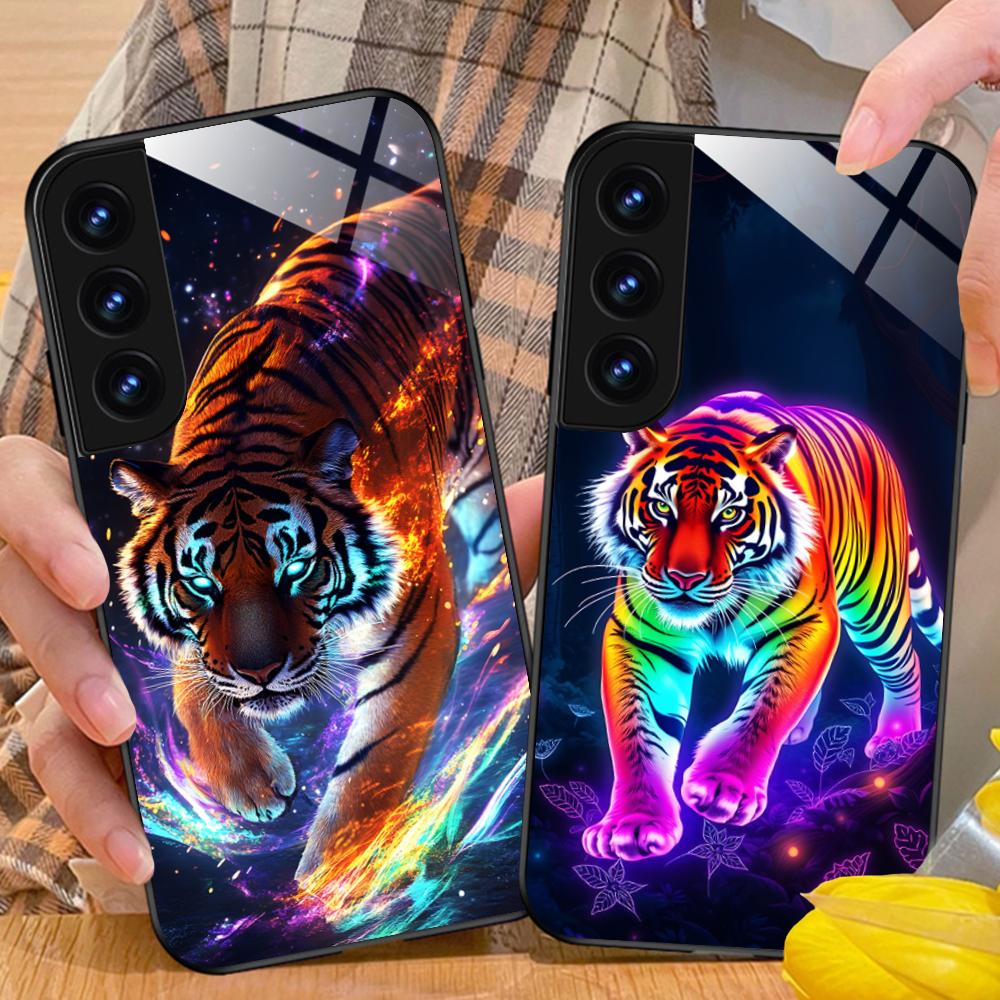 Неоновая чехол-бампер с тигром для мобильного телефона Samsung Galaxy A56 55 54 53 52 51 36 35 34 23 16 15 5G Стеклянный Цветной Чехол Роскошный