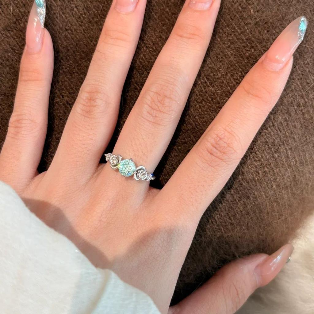 Cold Paraiba Color Fireworks Cut Hand Tone Three-dimensional Rose Ring Light Luxury Versatile Diamond Camellia Women's Ring