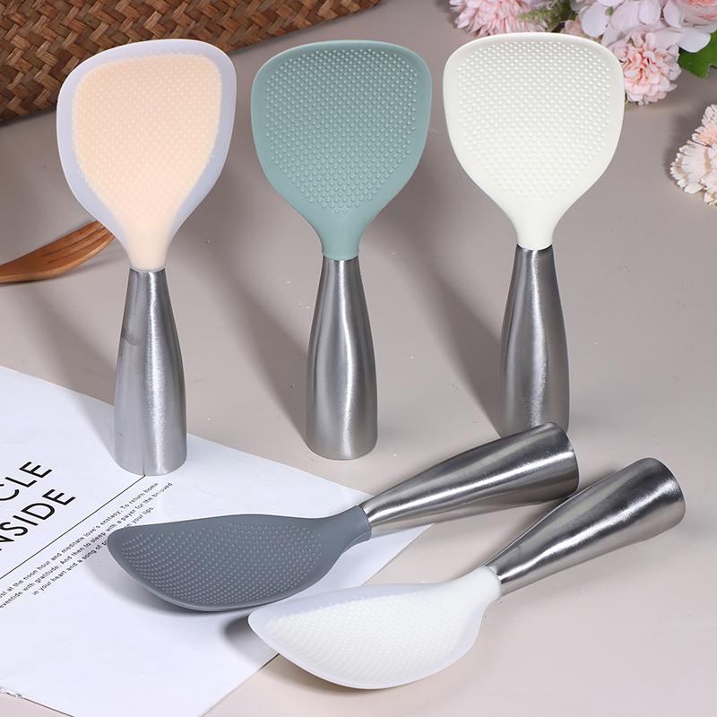 1Pc Silicone Spoon Non-Stick Cooking Spoon Stainless Steel Handle Anti-Scalding Pot Rice Spoon Durable Kitchen Gadgets