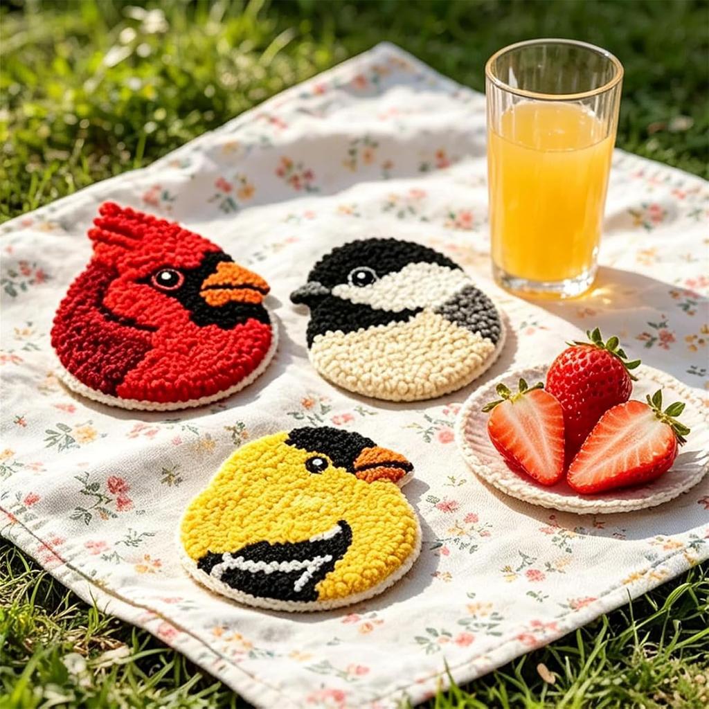 6 PCS DIY Bird Coasters Punch Needle Kit With Hoop Yarn & Patterns Handmade Tufted Bird Mug Rug Craft Set For Adults Stress Relief Home Decor Gift