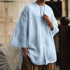 Oversized Men Collarless 3/4 Sleeve Solid Color Casual Tunic Tops Shirts