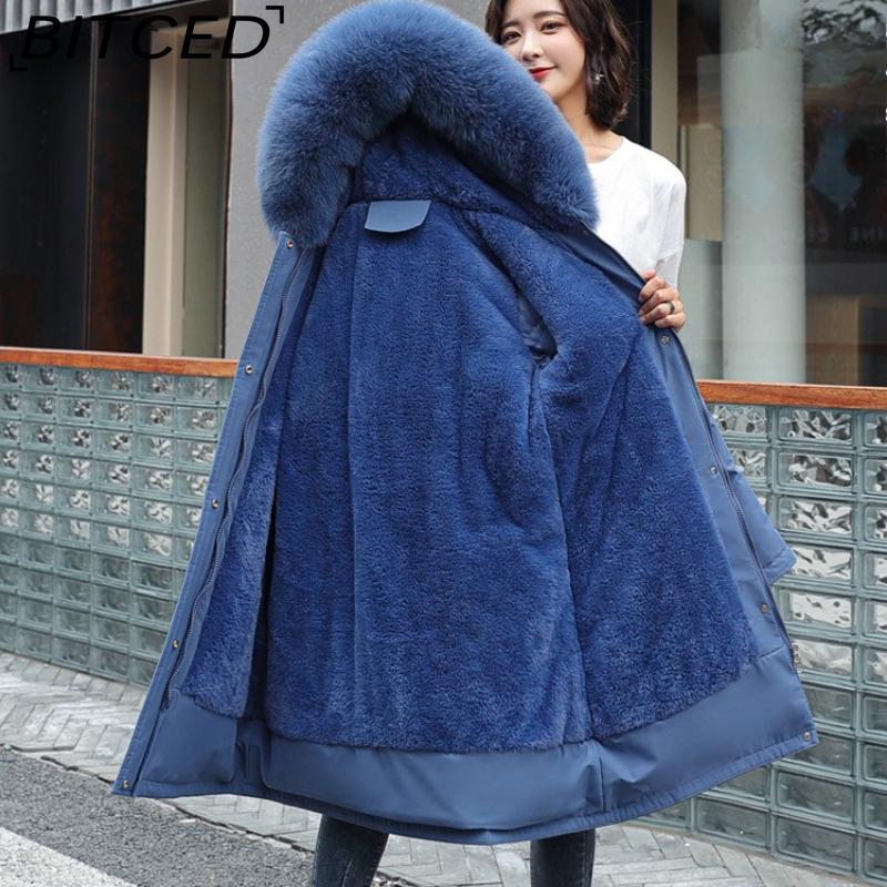 BITCED Winter Women's Mid-Length Cotton Coat with Large Fur Collar and Fleece Lining