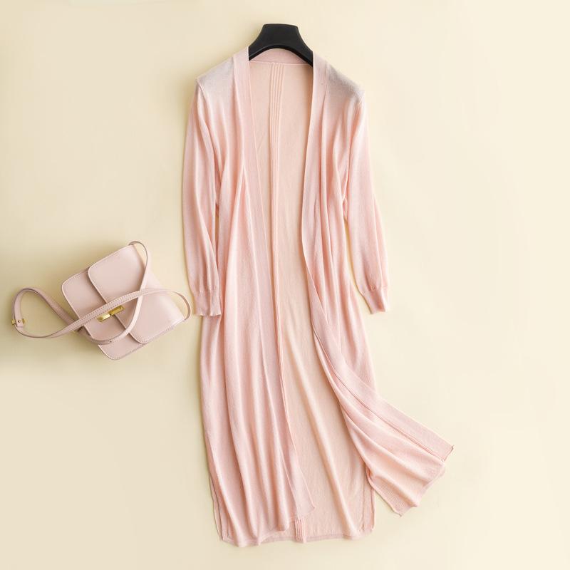 Женский длинный летний вязаный кардиган из тонкого ледяного шелка, мягкий модальный кардиган, свободная базовая простая рубашка с длинным рукавом с кондиционером, кардиганы