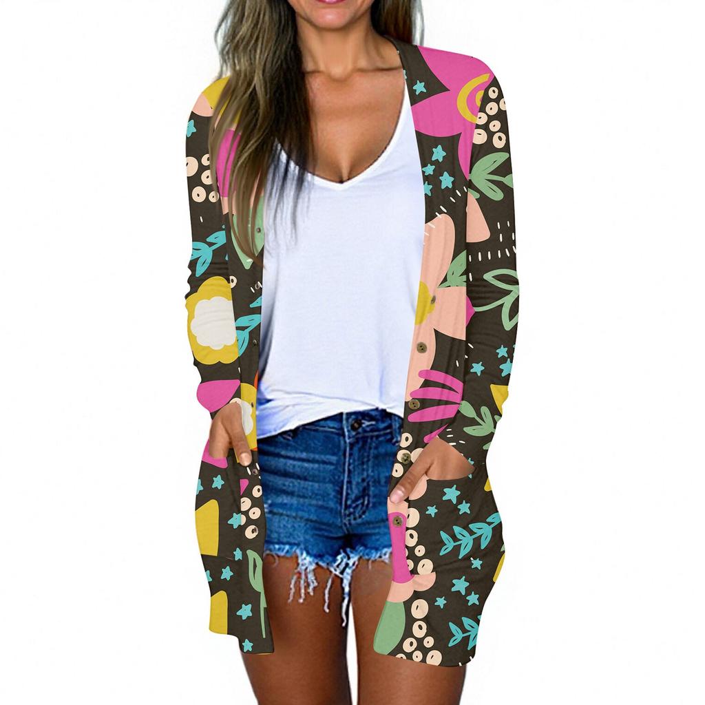 Women's Casual Fashion Floral Print Long Sleeve Mid-Length Cardigan Jacket