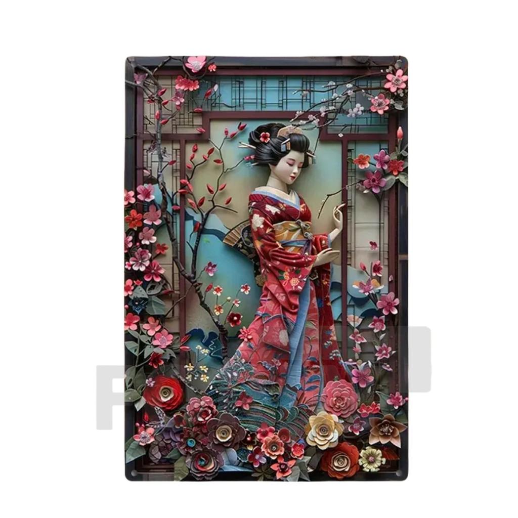 Японская гейша кимоно металлический знак, 2D элегантный японский постер с цветущей вишней, для дома, комнаты, офиса, идзакая, кафе, студии настенный декор