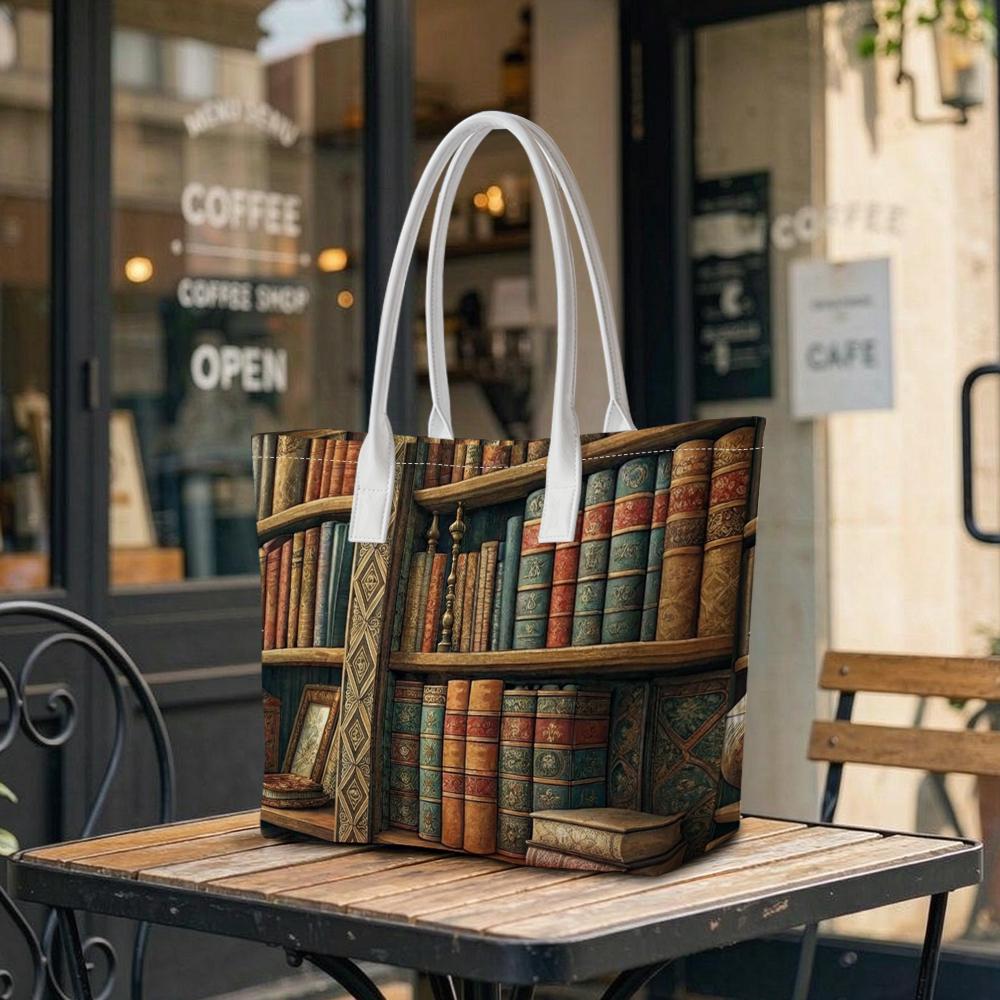 Vintage Library Print Shoulder Tote Bag for Daily Use