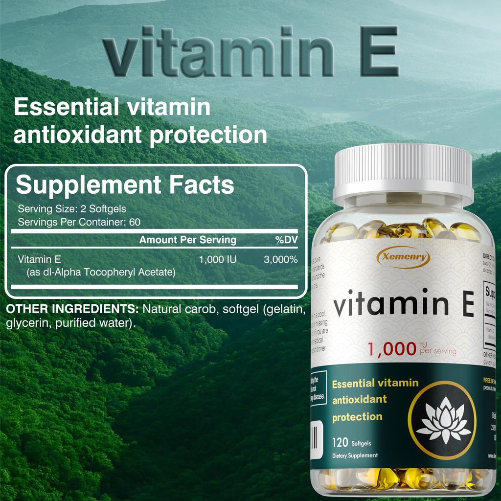 High-purity vitamin E extract capsules, all-natural, gluten-free, 120 capsules, suitable for adults.