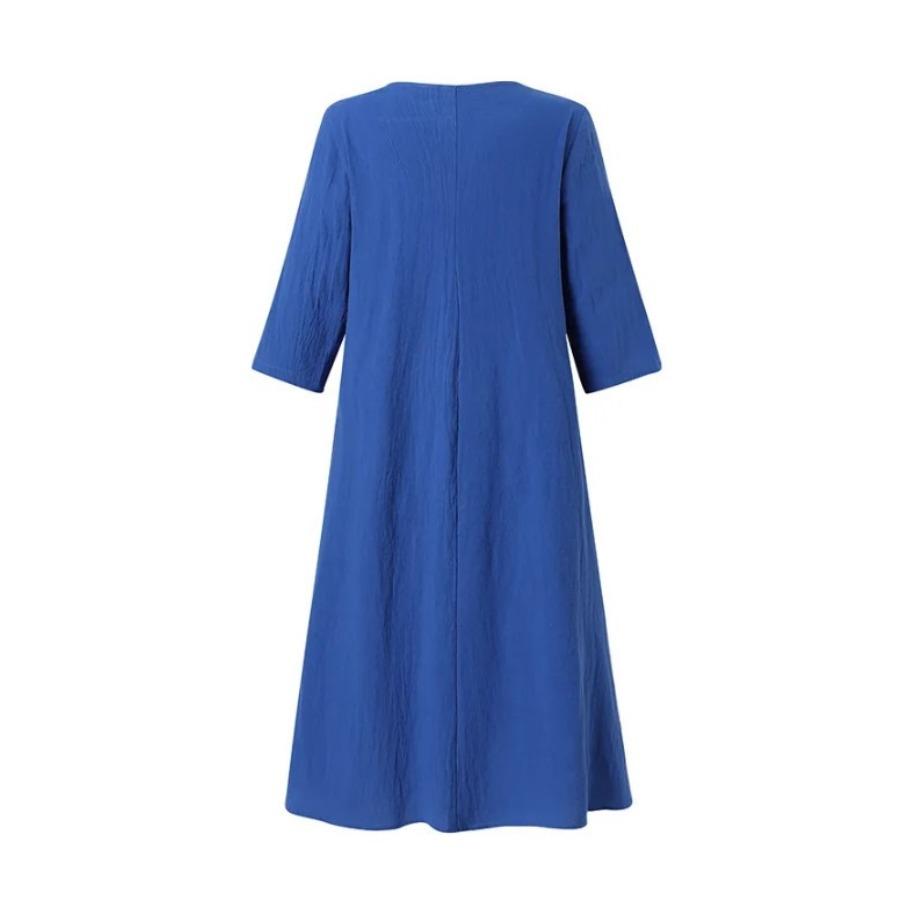 Летнее платье из хлопка и льна с V-образным вырезом и карманами со средними рукавами