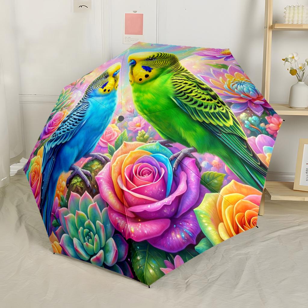 Parakeets Amidst Floral Splendor. Automatic Umbrella Compact & Durable 8-Rib Design Foldable Design for Women/Men Fashionable