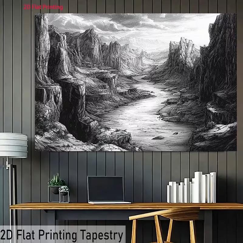 2D Monochrome River Canyon Backdrop Pencil Sketch Style Photography Background Cloth