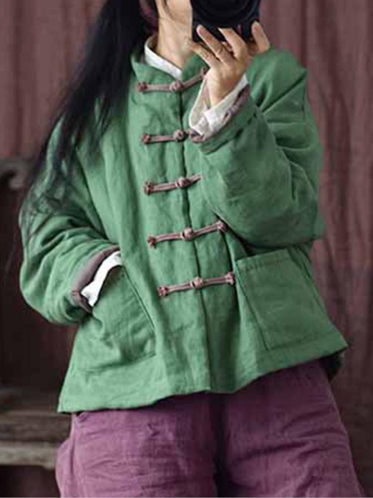 Johnature Женские винтажные льняные парки на пуговицах, однотонные пальто, зимние пальто со стойкой и хлопковыми карманами, женские китайские парки