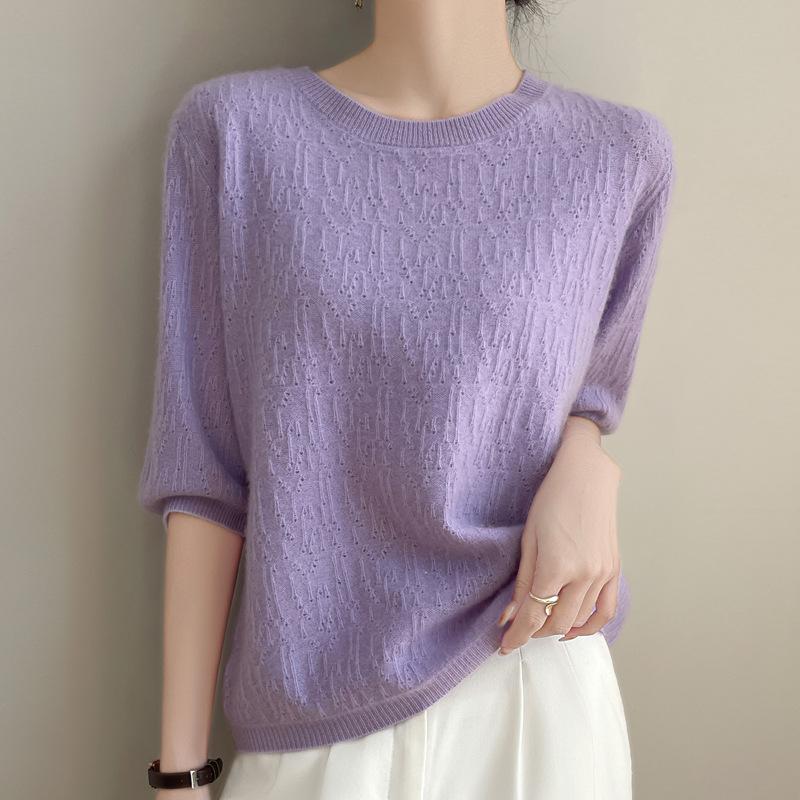 Весенний новый вязаный свитер женский с коротким рукавом, пуловер с круглым вырезом, тонкий топ с рукавом три четверти, больших размеров, базовая футболка