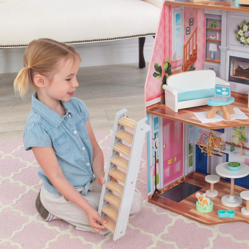 KidKraft Matilda Wooden Dollhouse EZ Kraft Balcony Movable Staircase with 23 Accessories For Ages 3 and Assembly™ Up.