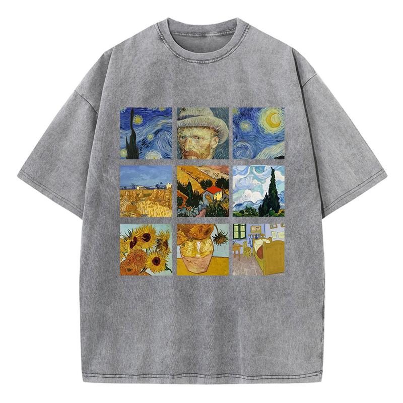 Футболки женские из хлопка стираные Футболки с принтом «Звездная ночь и подсолнухи Ван Гога» Футболки с потертостями и круглым вырезом, свободные топы
