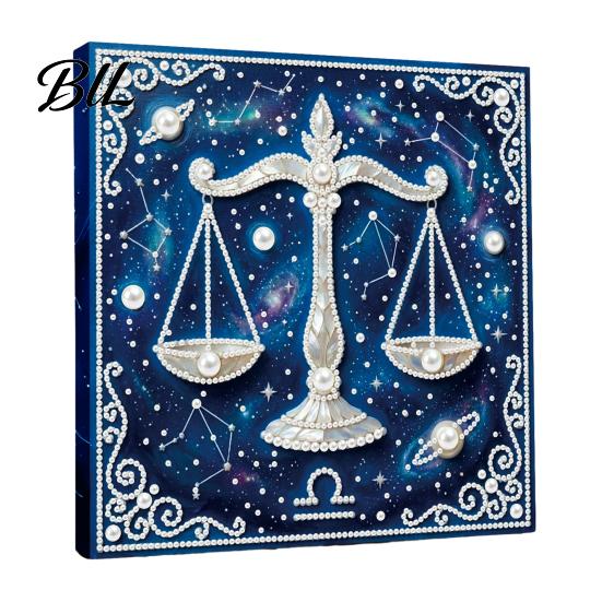 Faux Pearl Painting Crafts DIY Kit, 12 Zodiac Signs Rhinestone Art Set for Kit Adults Beginners, Handmade Wooden Frame Fake Wall Decoration