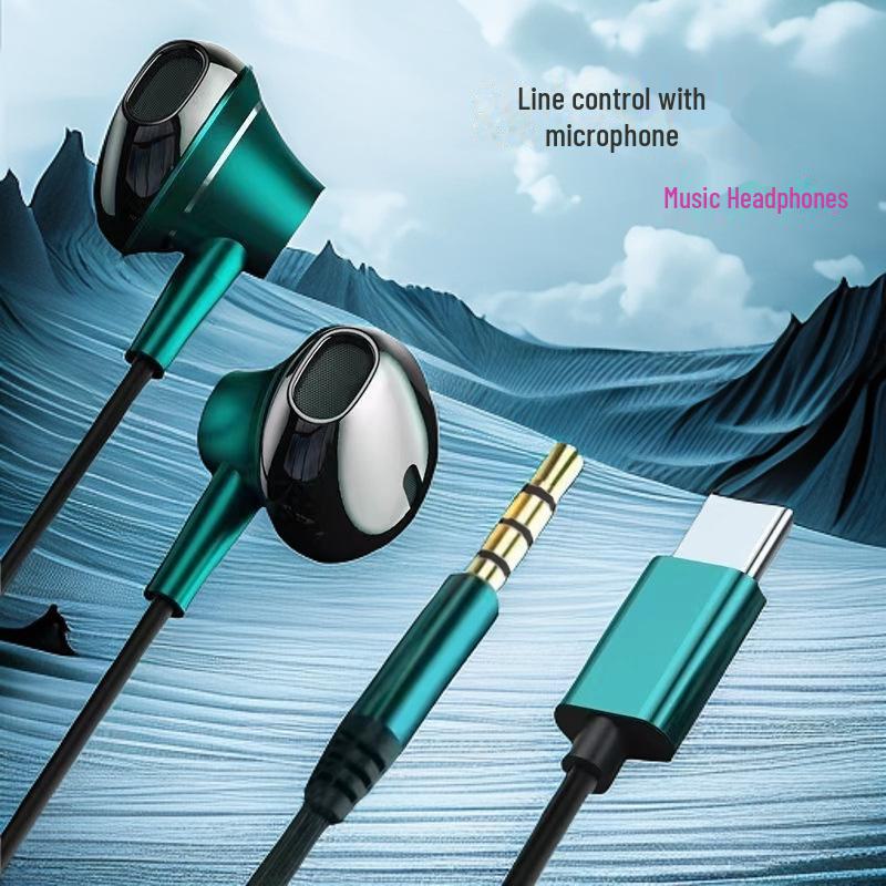 Type-C Wired In-Ear Metal Earphones with Built-In Microphone and Heavy Bass