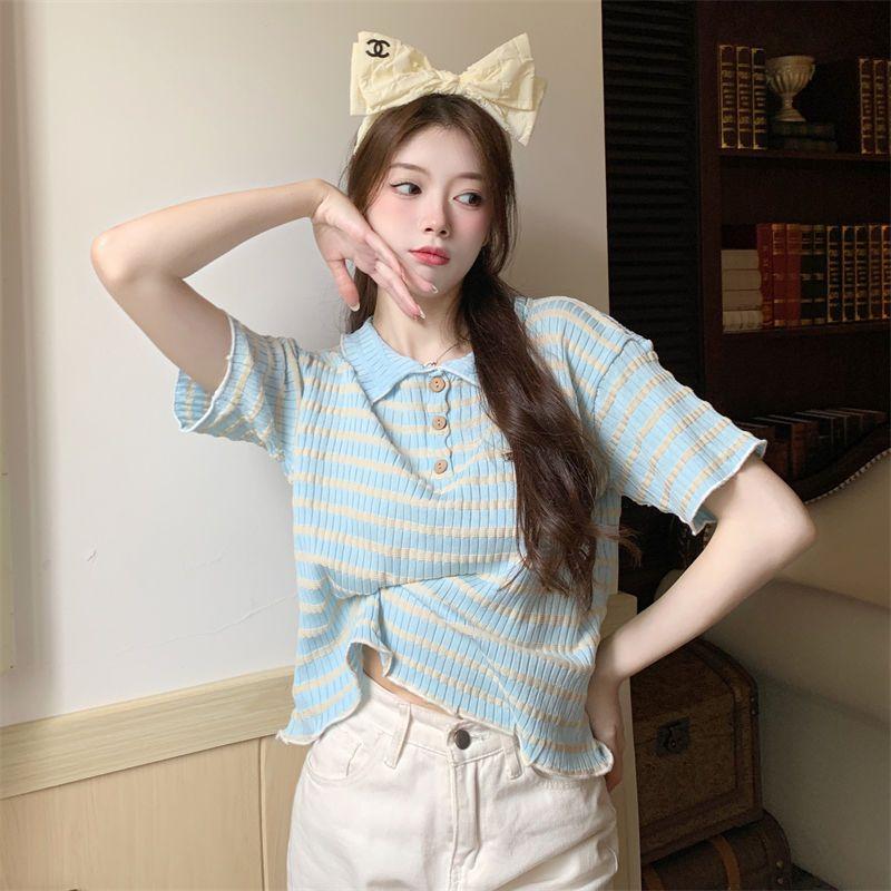 Летняя футболка с открытыми плечами, женская трикотажная футболка с воротником-поло, милый дизайн с короткими рукавами