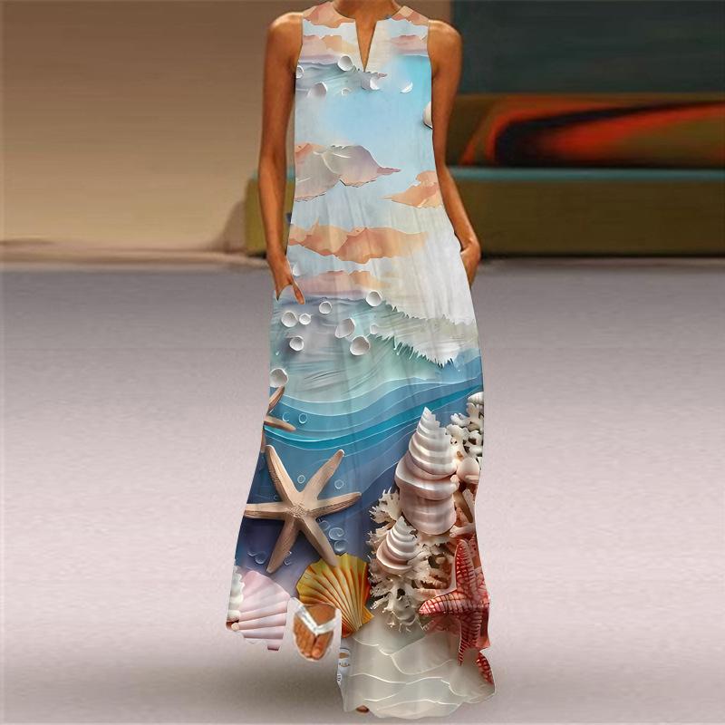 2026 New Summer Women's Sleeveless V-Neck Printed Sexy Dress Long Dress European and American Women's Clothing
