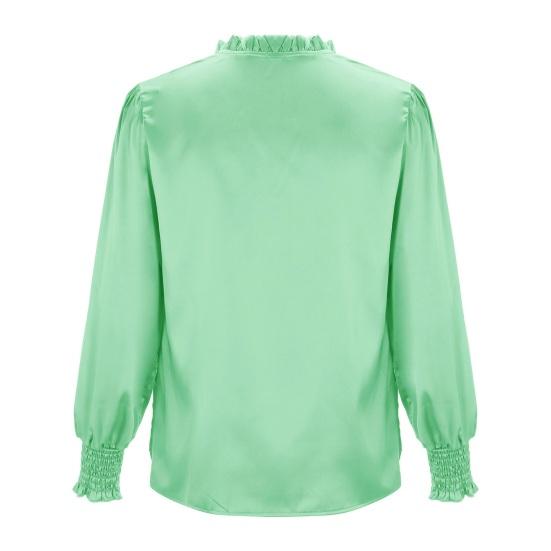 Женская рубашка со стойкой воротником, оборками, длинным рукавом, пуловер, однотонная, из шелковистого атласа, свободного кроя, повседневные топы