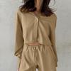 Khaki Cotton Linen Shorts Sets Women Spring Causal Long Sleeve Lapel Crop Shirt Lace-Up Wide Leg Shorts Simple Suits