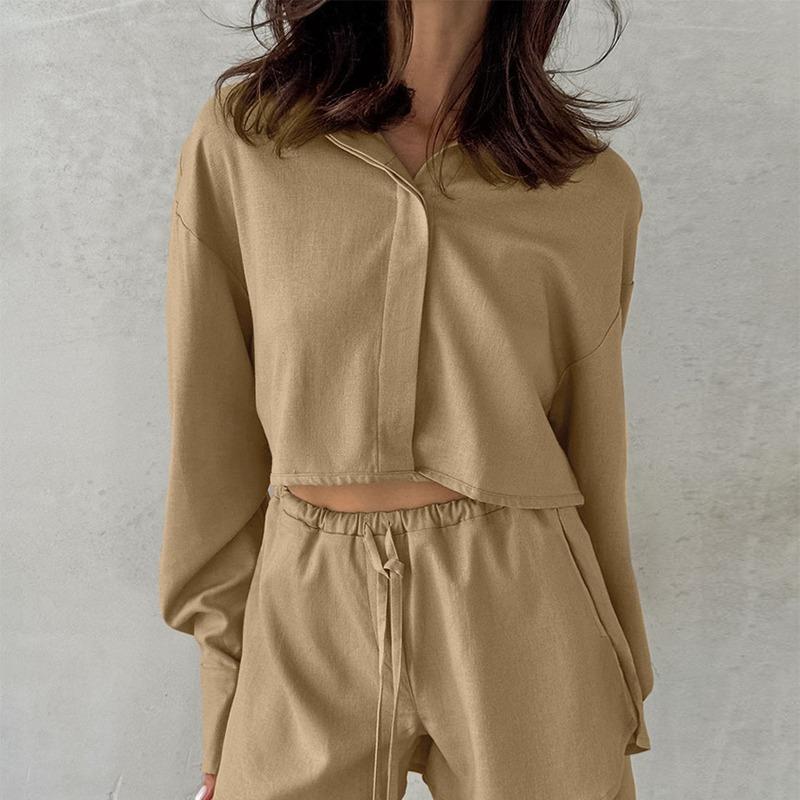 Khaki Cotton Linen Shorts Sets Women Spring Causal Long Sleeve Lapel Crop Shirt Lace-Up Wide Leg Shorts Simple Suits