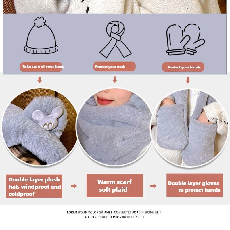Scarf, Female Winter Bear with Hat, Korean Version of Cute Winter Integrated Thermal Gloves, Three Plush Scarves