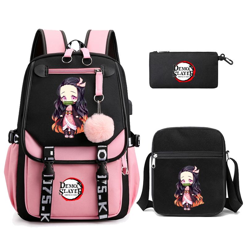 3Pcs/set Demon Slayer Kamado Nezuko Backpacks for Girls Anime School Bag Teenager Student Canvas Laptop Back Pack Women Rucksack