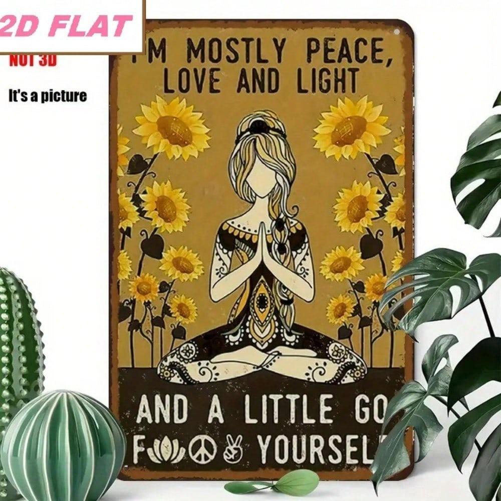 2D Flat Love and Peace Metal Wall Art 8x12 Inch Bohemian Sunflower Inspirational Plaque with Meditation Symbols