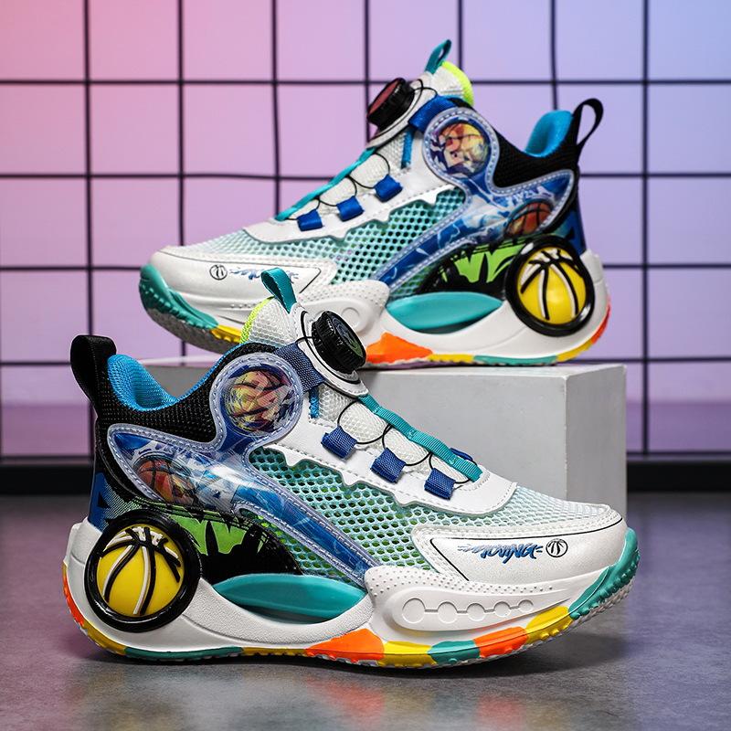 Обувь для мальчиков 2024 года, летняя новая детская спортивная обувь с вращающейся пряжкой для детей среднего и старшего возраста, модные классные баскетбольные кроссовки из сетки