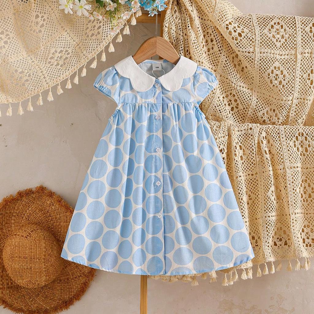 Платье для девочек 2-8 лет, 100% хлопок, желтое в горошек, с воротником Питер Пэн, летнее повседневное платье