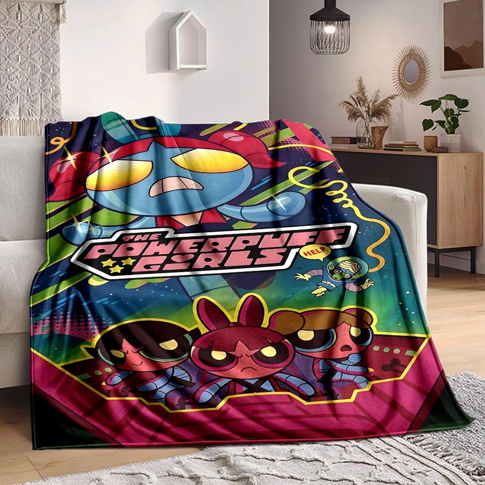 1pc Powerpuff Girls Cozy Print Blanket Lightweight Warm Flannel Throw Blanket For Sofa, Bed, Living Room