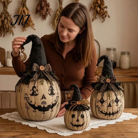 Halloween Living Room Soft Furnishings Pumpkin Decoration with Wizard Hat, Vintage Resin Witch Figurine Small Medium Large Sets Bow, Rustic