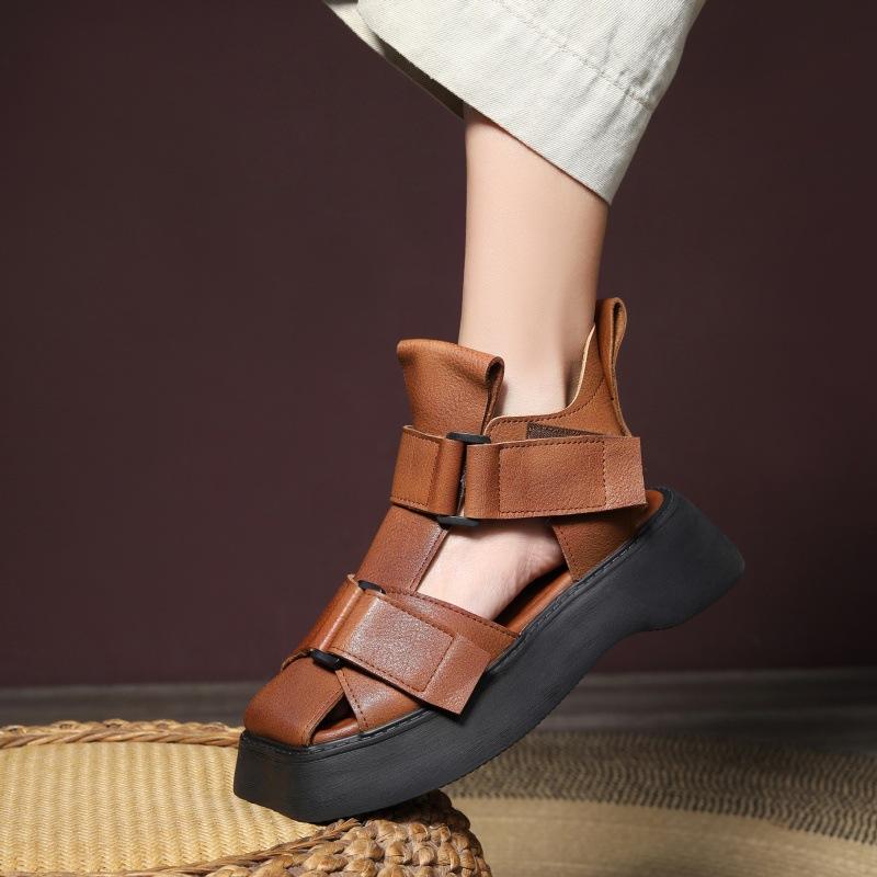 Johnature Square Toe Platform Sandals Vintage Genuine Leather Thick Soled Women's Summer Boots