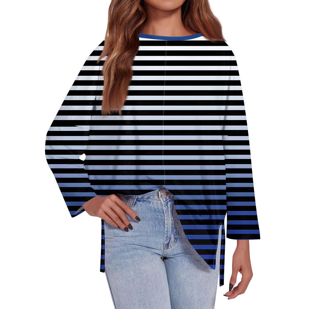 Женская модная свободная футболка большого размера с круглым вырезом и длинным рукавом, разрезом по бокам, в полоску, с принтом, повседневный топ