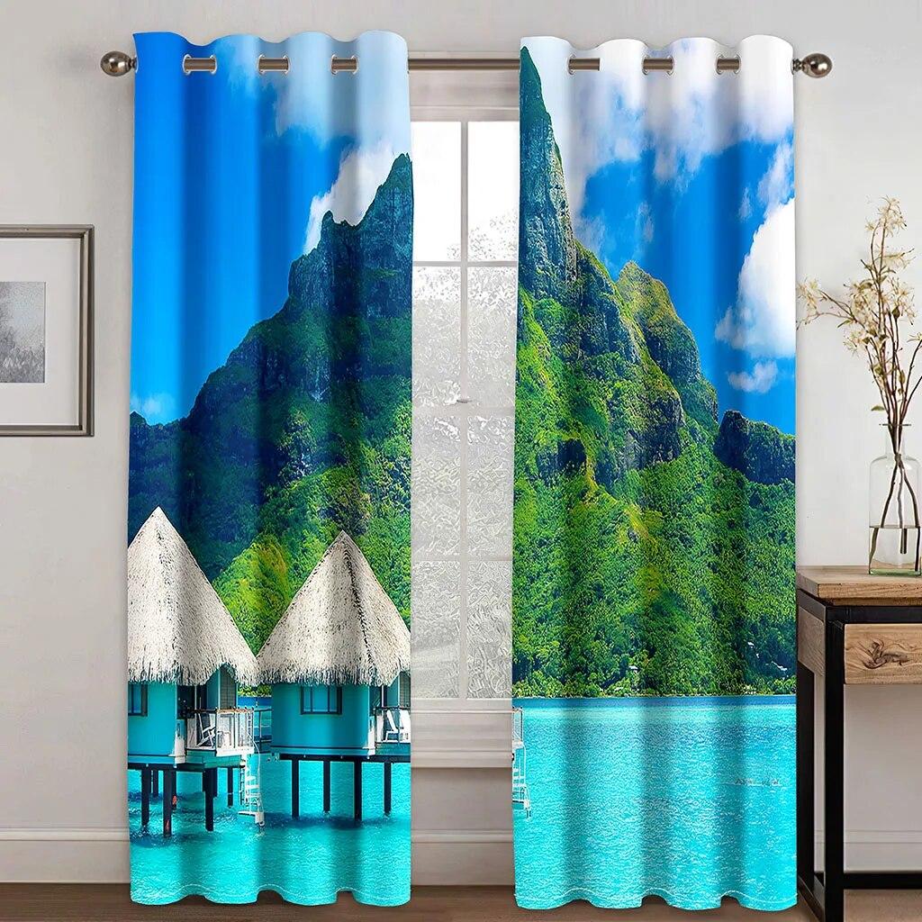 Cheap 3D Printing Sea Semi Sunshade Curtain Thin Polyester Beach Scenery For Bedroom Living Room Home Hook Decor