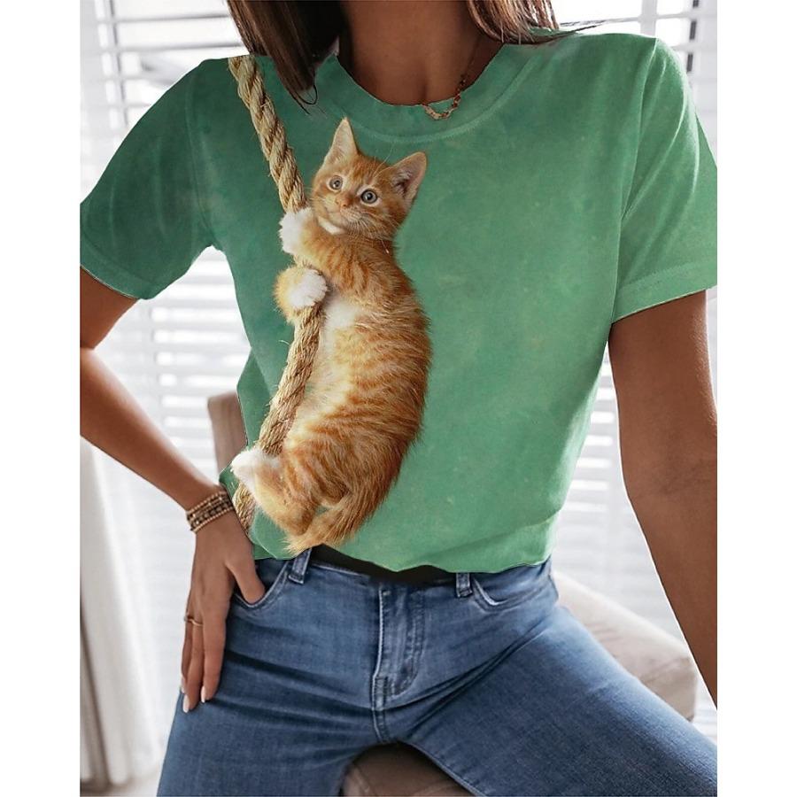 Женская мода 3D принтованная футболка Cute Cat Series круглый вырез женский топ