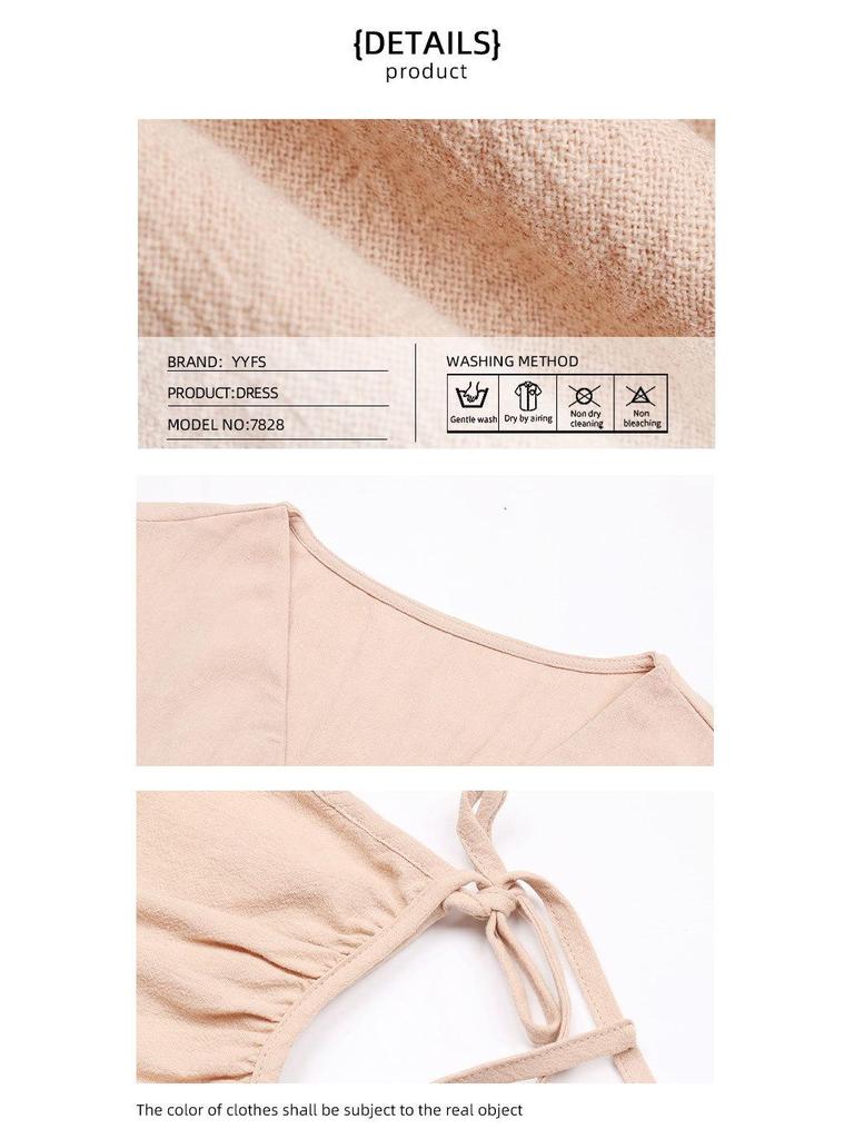 2024 Summer European & American Women's Cotton Linen V-Neck Dress with Buttoned Short Sleeves