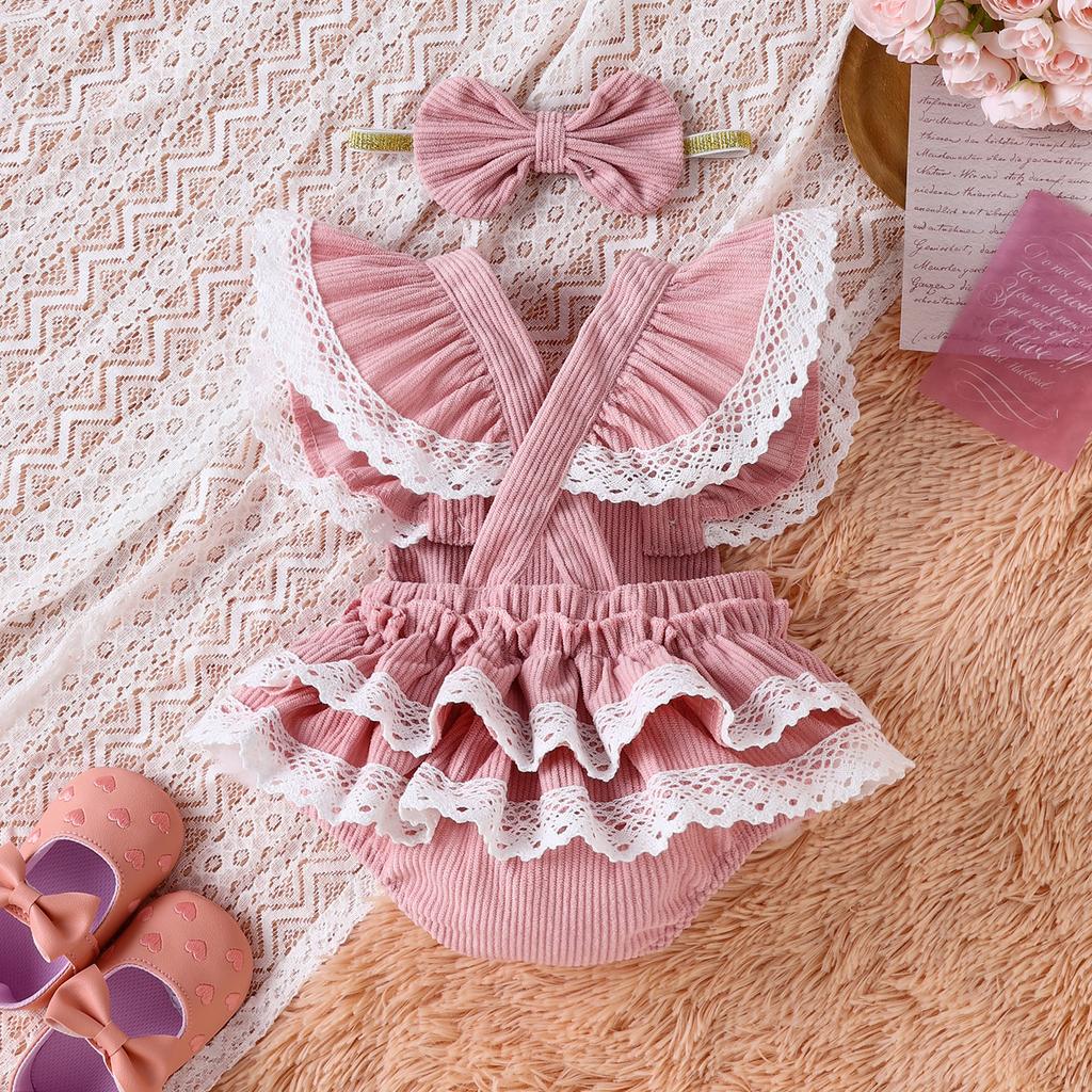 Newborn Girl Outfit, Fly Sleeve Embroidery Elephant Heart Romper with Hairband Valentine 's Day Clothes