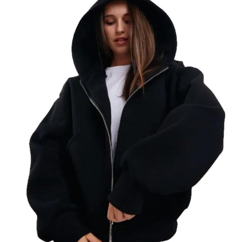 Womens Casual Zip Up Hoodie Loose Fit Solid Color Long Sleeve Sweatshirt Teens