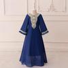 Deep Blue Embroidered Chiffon Muslim Evening Gown with Long Sleeves and Puffy Skirt