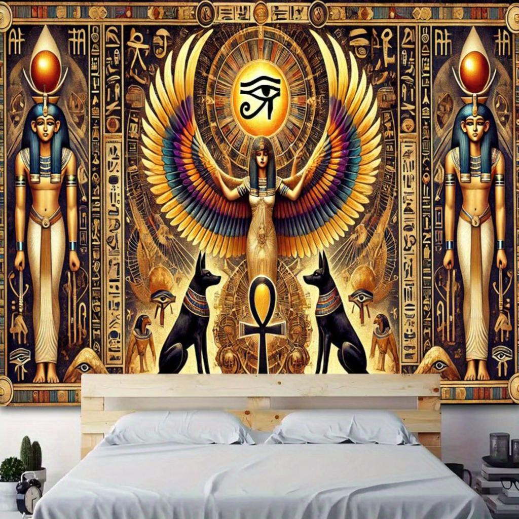 Mysterious ancient Egyptian art tapestry - polyester wall hanging featuring hieroglyphics and a golden-winged goddess