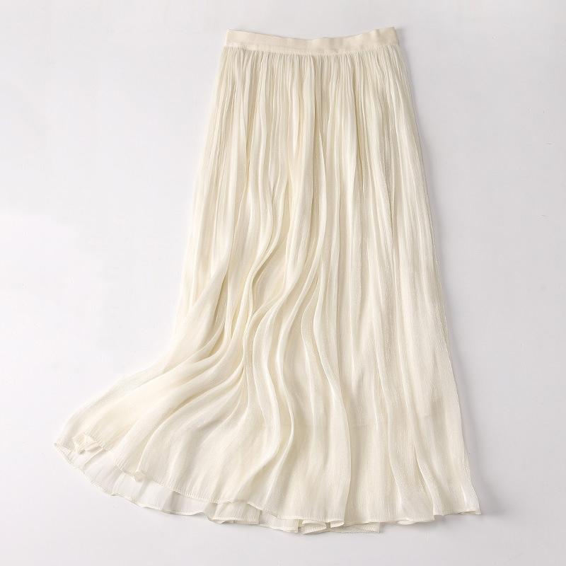 Qooth Women Gentle Solid Color Pleated Skirt Casual Elastic Waist Colorful A-line Skirt For Spring Summer QT2416