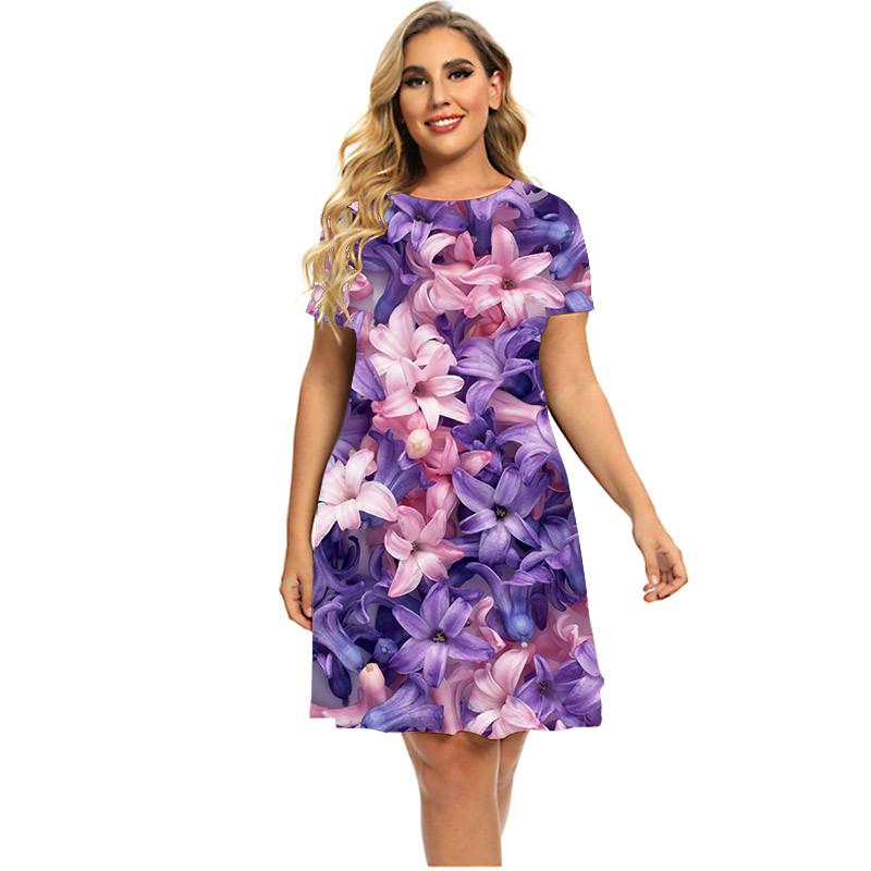 3D Pink Rose Floral Print Dresses Women 2023 Fashion Summer Flower Theme Short Sleeve Dress Streetwear Loose Plus Size Clothing