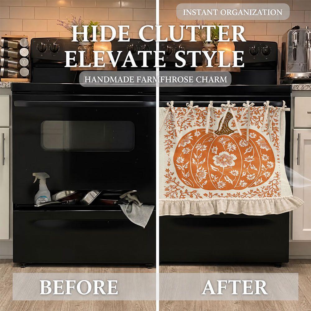 2D Halloween Autumn Pumpkin Pattern Oven Protective Curtain Dishwasher Cabinet Decor Cover Kitchen Tie Top Short Valance Curtain for Home Decoration